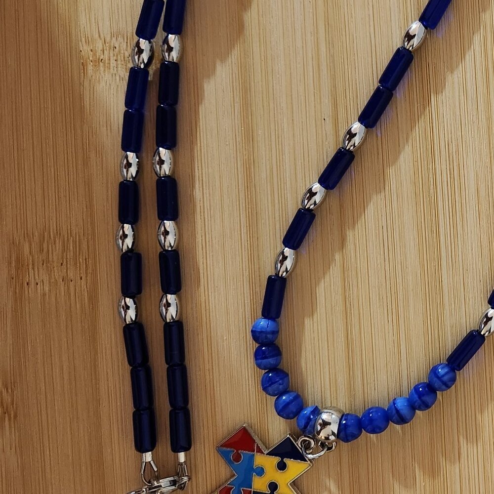 Hand Crafted Pendant Necklace Beaded Autism Charm Blue Silver Yellow 28.5" - Picture 5 of 5